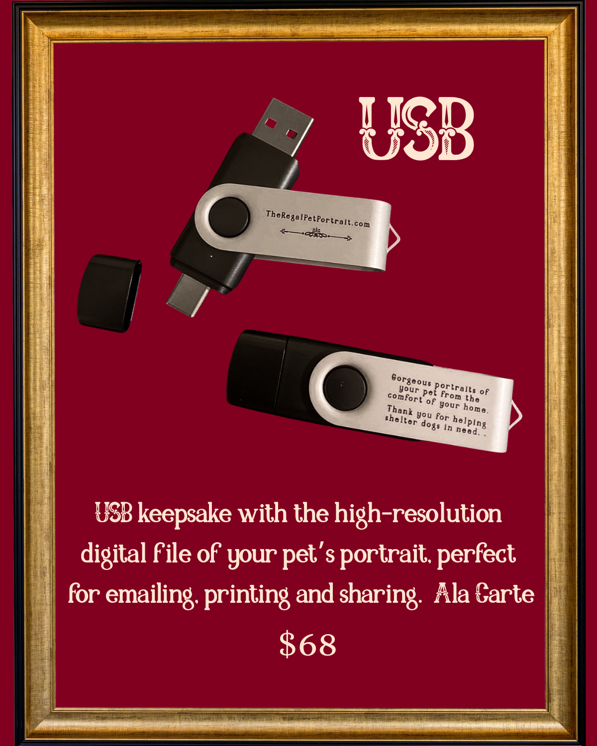USB with high resolution digital file of your pet's portrait